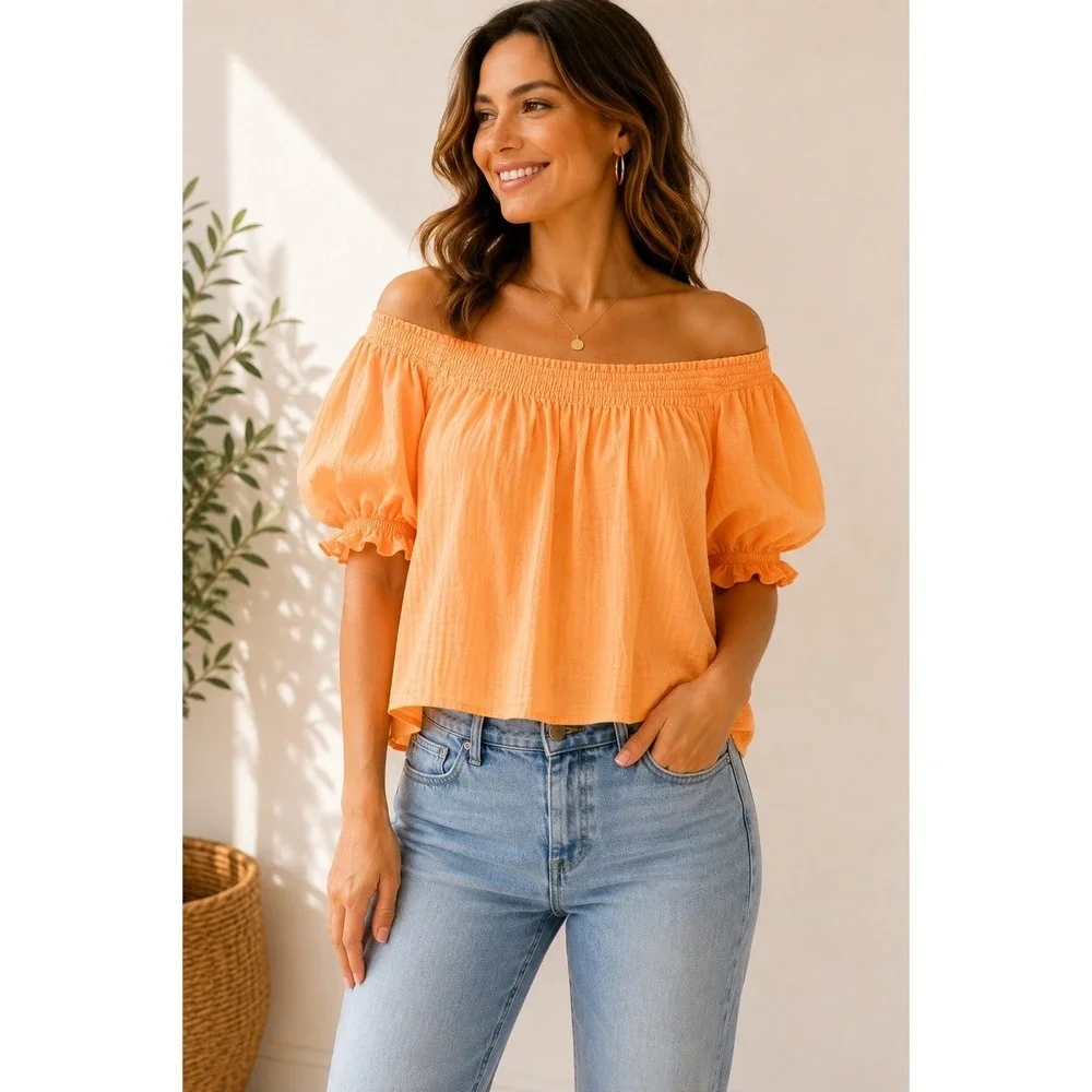 J.Crew NWT Cotton Peasant Top M Orange Smocked Puff Sleeve Cropped Blouse